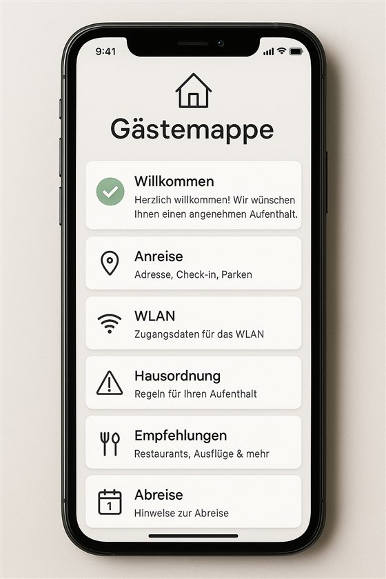Die digitale Gästemappe auf dem Handy: Willkommen, Anreise, WLAN, Hausordnung, Empfehlungen und Abreise